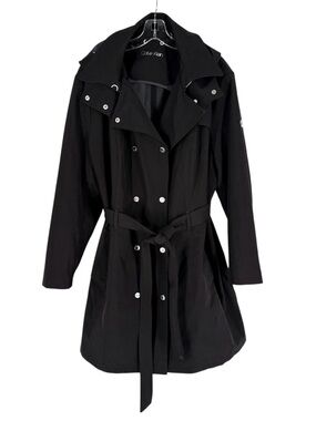 Calvin Klein Trench Coat Womens Size 3X Black Removable Hood Belted Classic